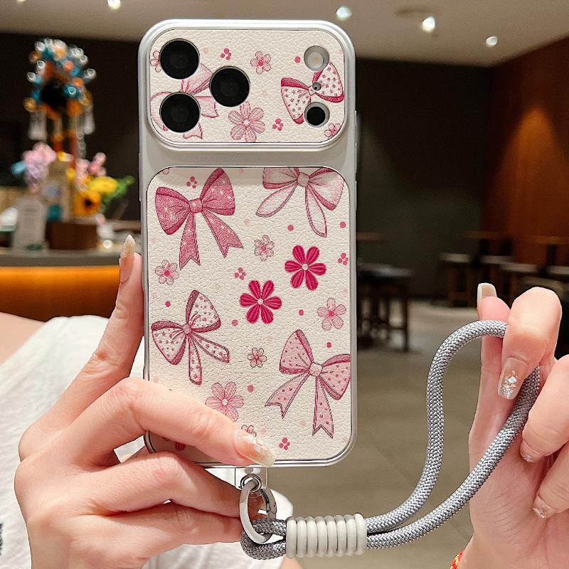 Милый мультяшный принт с бантами Кожаный чехол-шнурок для iPhone 18 Pro Max 17 16 15 14 13 Pro Max Роскошный гибридный чехол из ТПУ+ПУ Противоскользящий мягкий чехол для телефона