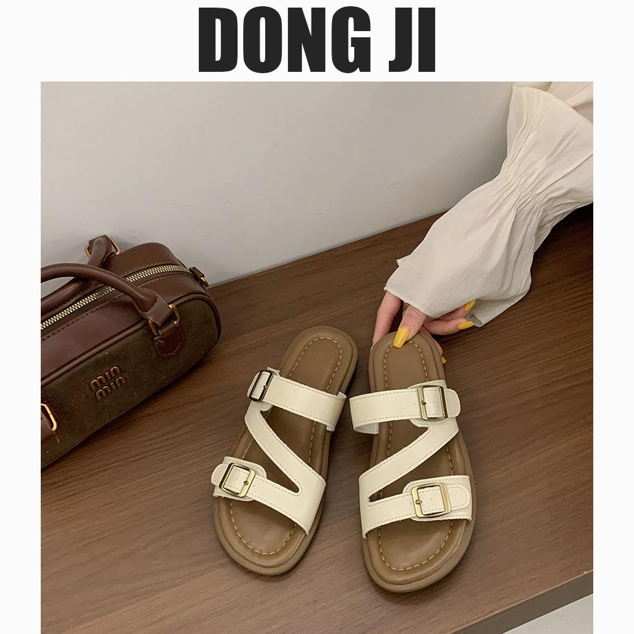 Тапочки на плоской подошве с пряжкой на ремне, женская летняя одежда 2025 года, новые ретро-тапочки с мягкой подошвой для пляжа и моря