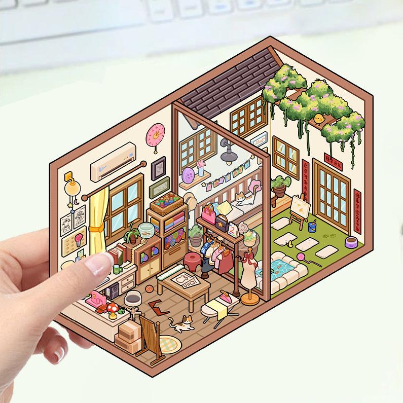Cartoon Landscape Stickers Multiple Miniature World 3D Hut Unzip DIY Scene Manual Post