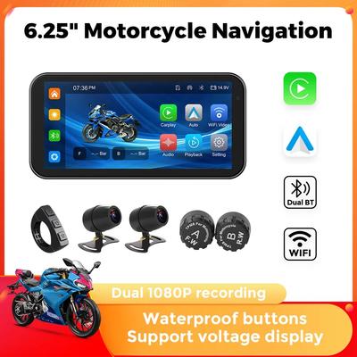 Портативная GPS-навигация 6,25'' Водонепроницаемый экран IP67 Беспроводной Carplay для мотоцикла Android Auto Видеорегистратор Мото-монитор