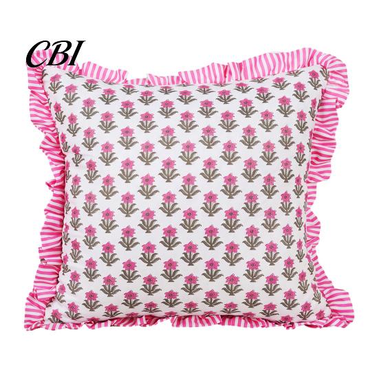 Boho Bedding Accessories Ruffled Floral Cushion Cover, Striped Ruffle Throw Pillow Case, 18x18 Breathable Polyester Shells Inches Farmhouse