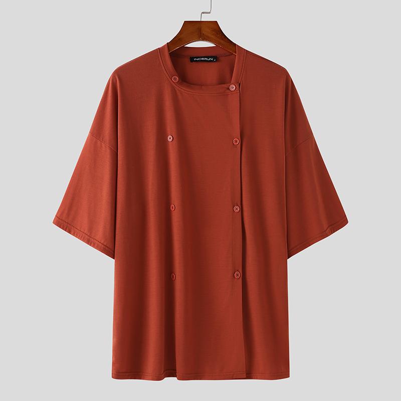 INCERUN Большие летние мужские квадратные воротники с коротким рукавом, регулируемые пуговицы, повседневные свободные топы, футболки