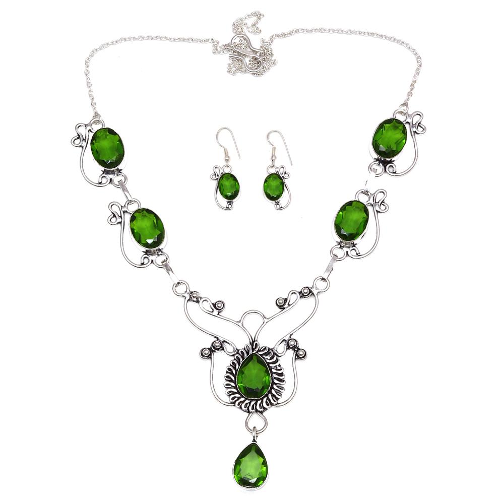 Emerald Quartz Gemstone Ethnic Jewelry Necklace Set 16-18''