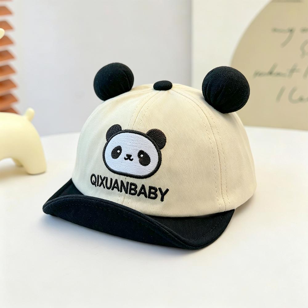 Children's double-round ball ears panda embroidery soft brim baseball cap, retro , suitable for daily school use