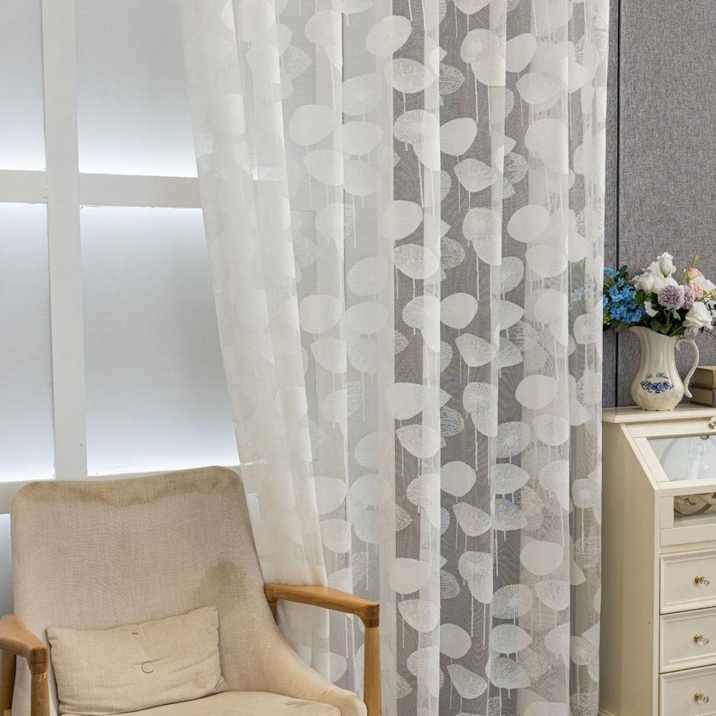 Белые жаккардовые кружевные шторы с & полупрозрачной приватностью - Дизайн с цветочным листом, оконные драпировки для гостиной, спальни, столовой - Легкая в уходе ткань