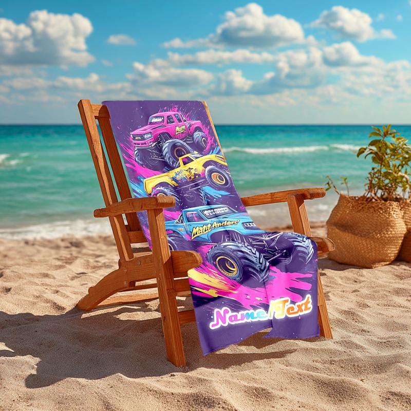 1PC Custom Name Monster Truck Adventure Beach Towel Highly Absorbent And Sand-Resistant Towel for Swimming, Pool, Yoga, And Travel Lightweight