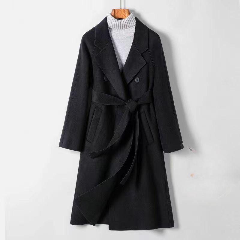 Теплое и модное однотонное шерстяное пальто для женщин с поясом на осень и зиму