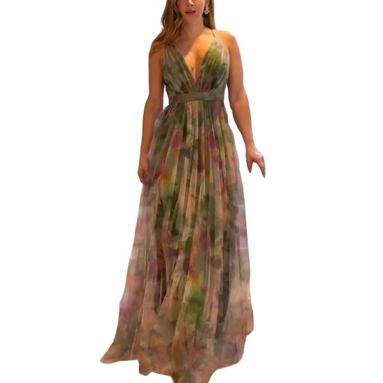 Women's Mesh Spaghetti Strap Maxi Dress Deep V Neck Backless Evening Dress Floral Printed