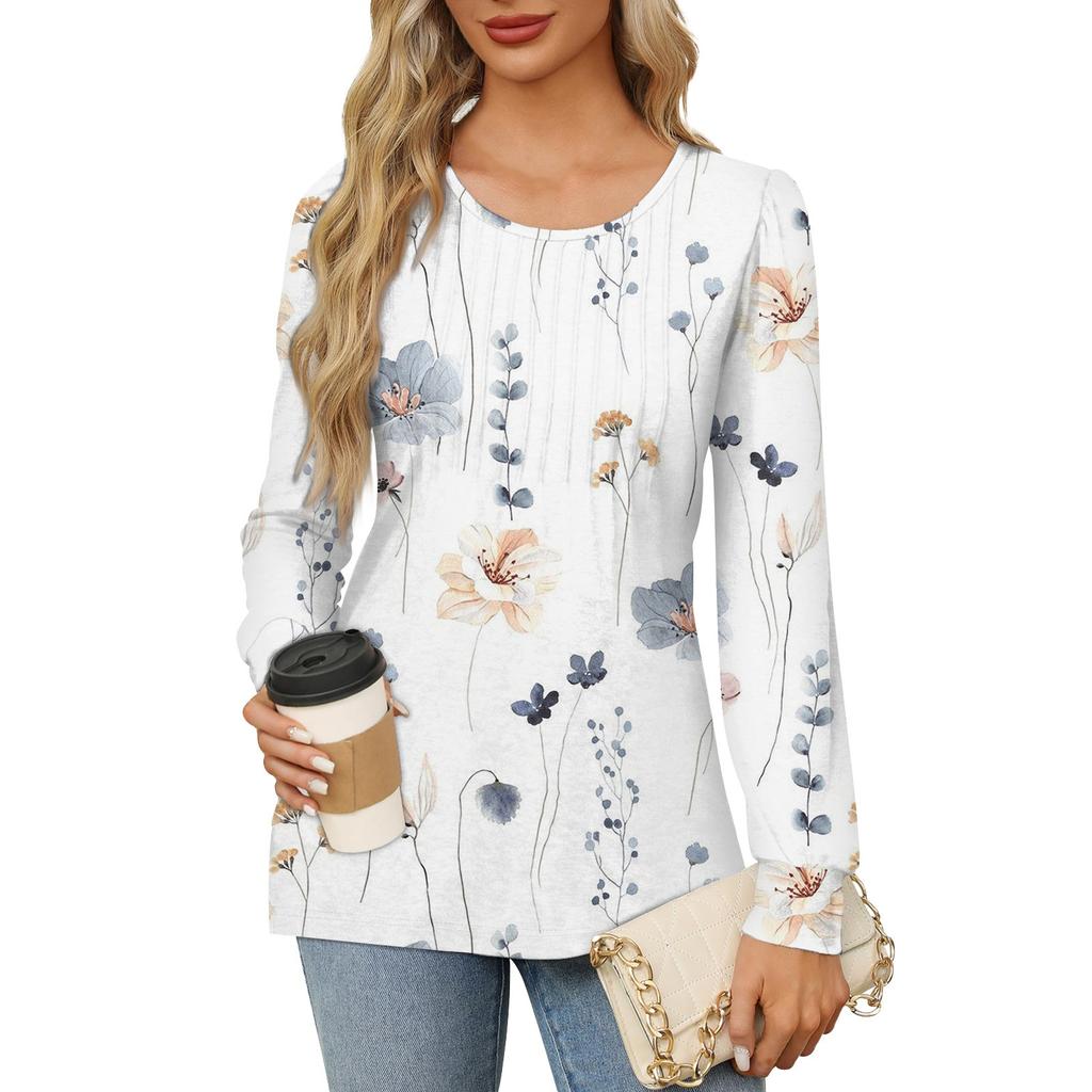 Женская повседневная плиссированная футболка с круглым вырезом и длинными рукавами с градиентным принтом