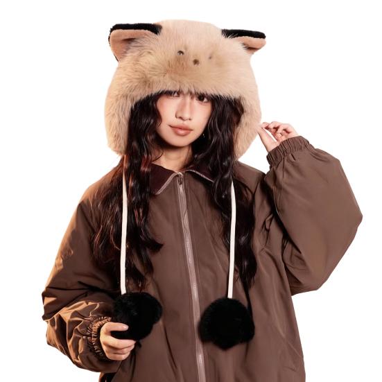 Women Hat Knitted Windproof Warm Winter Lei Feng Hat Cartoon Cat Shape Elastic Solid Color Thermal Cap