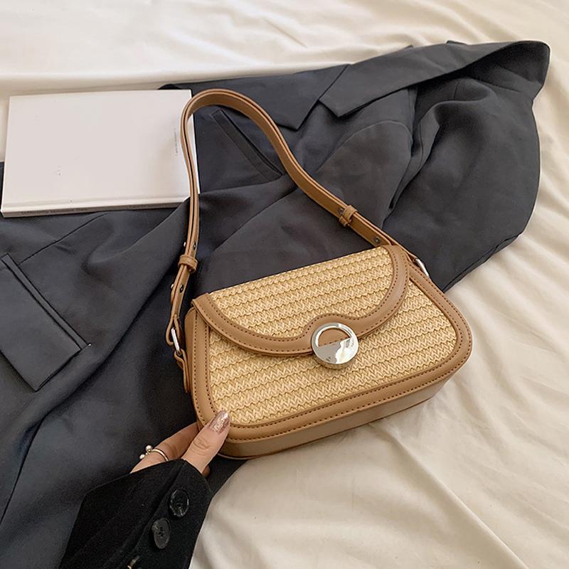 Summer Straw Bag Women's New Trendy Woven Saddle Bag Simple Style Versatile Shoulder Crossbody Beach Bag KTB
