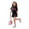 Girls Casual Two Piece Set Loose Fit Short Sleeve Crew Neck Top with Printed Design and Matching Skirt Comfortable Summer Outfit