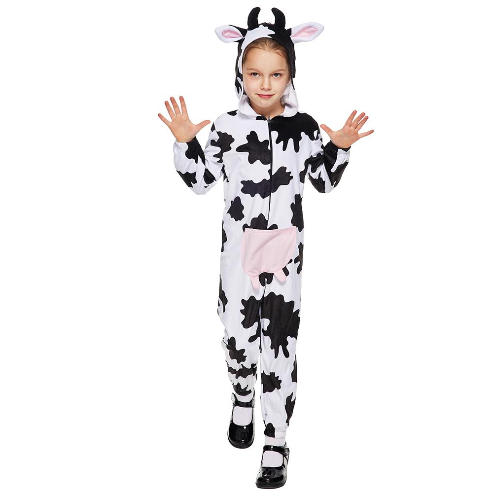 Child Plush Cow Print Pajama Costume Halloween Kids One-Piece Animal Dairy Cow Outfits
