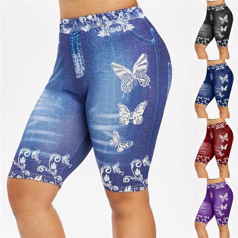 Plus Size 3D Print Capri Leggings For Women Faux Denim Women Fashion Jegging Shorts
