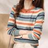 Spring and Autumn Women's Knitwear Long Sleeve Top Rainbow Striped Round Neck Colorblocking Sweater Women's Bottom Shirt