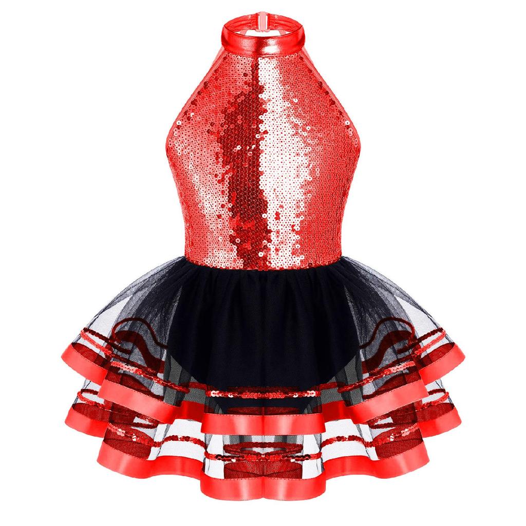 Kids Girls Sequins Halter Ballet Dance Tutu Dress Gymnastics Modern Latin Jazz Dancing Costume