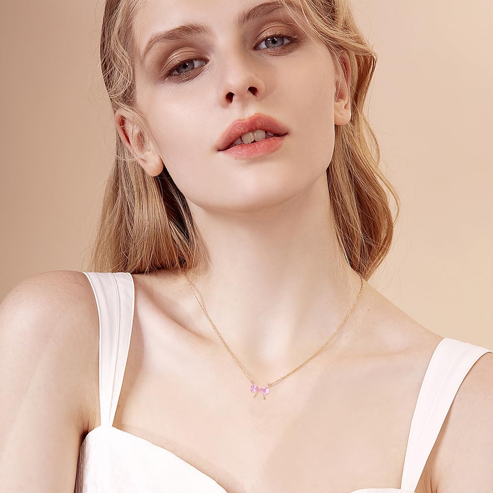 Necklace K18 Gold Ribbon Pink Picked Zirconia Pendant Bowknot Day Christmas Birthday Anniversary Wedding Women Popular Present Jewelry Gift Wrapping