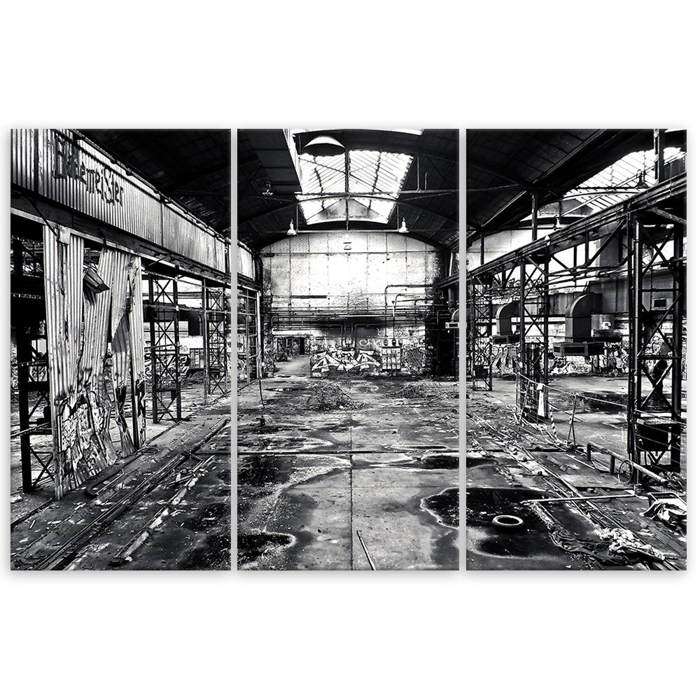 Three piece picture canvas print Old Factory Black White