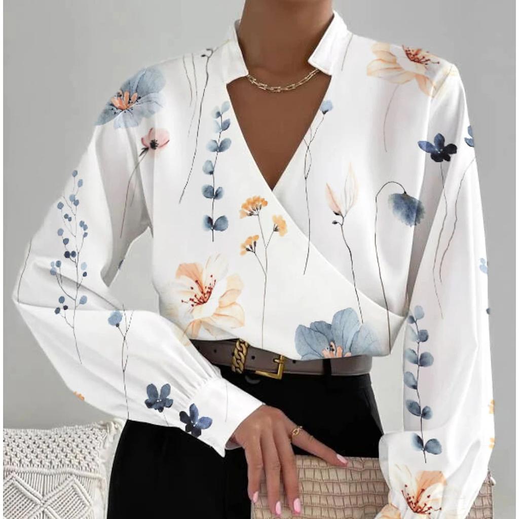 YYFS Женские модные повседневные весенне-осенние блузки и рубашки с v-образным вырезом и длинным рукавом с цветочным узором и принтом