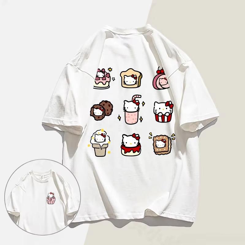 Летняя футболка с мультяшным принтом HelloKitty 2026 года, повседневная хлопковая футболка с коротким рукавом для взрослых и детей, милый кавайный стиль streetwear