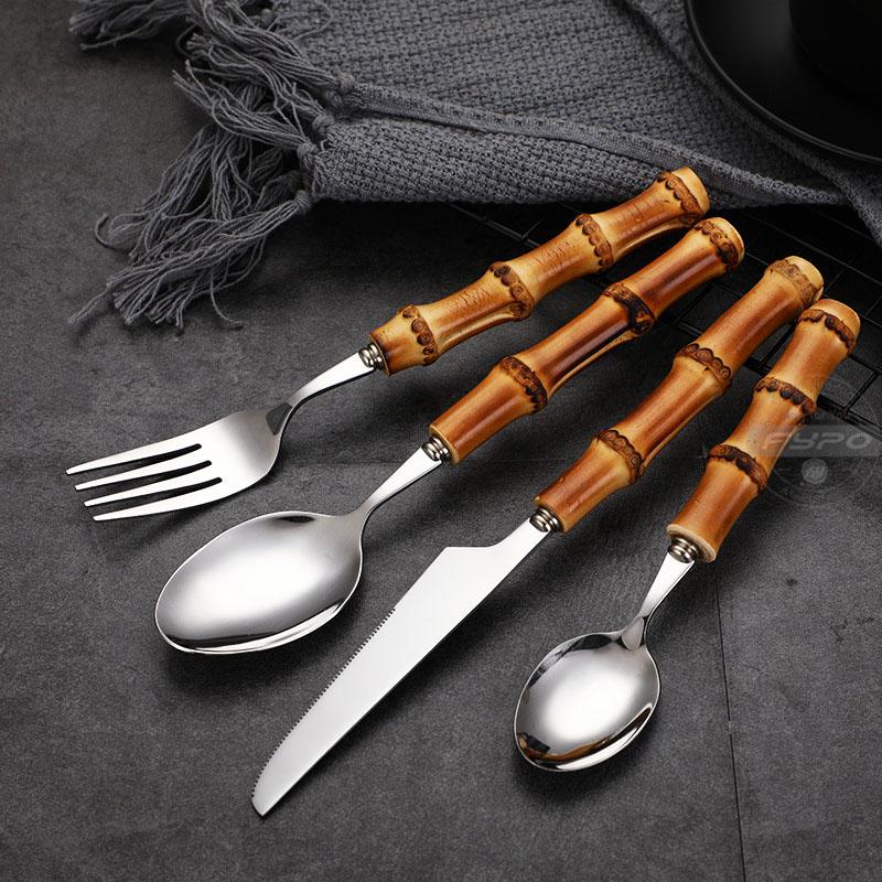 Наборы столовых приборов из бамбука 8/16/24 шт., набор столовых приборов из нержавеющей стали 304 для стейков, ложка и вилка для кухни, обеденного бара