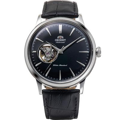 Мужской RN-AG0007B (Orient Classic Полускелетон) Круглые часы из черной нержавеющей стали, аналоговые