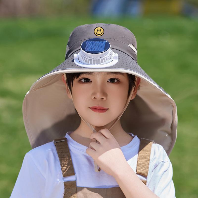 Children's hats summer boys and girls outdoor sun protection hat eaves shawl bucket hat solar fan sun hat