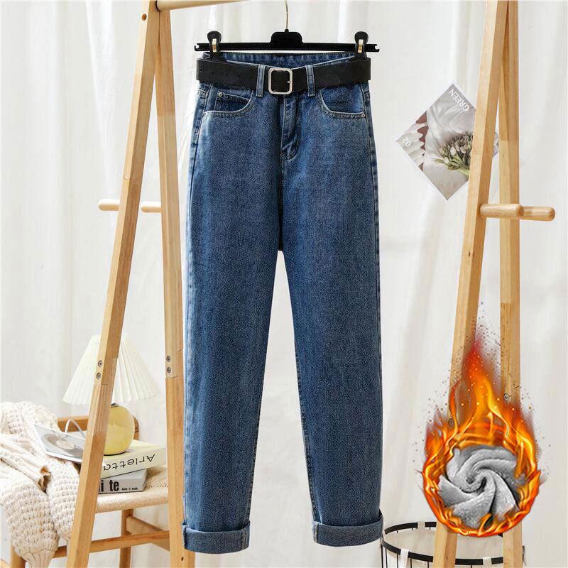 Женские теплые джинсы-карроты из бархата с высокой талией — свободные, универсальные и модные брюки прямого покроя