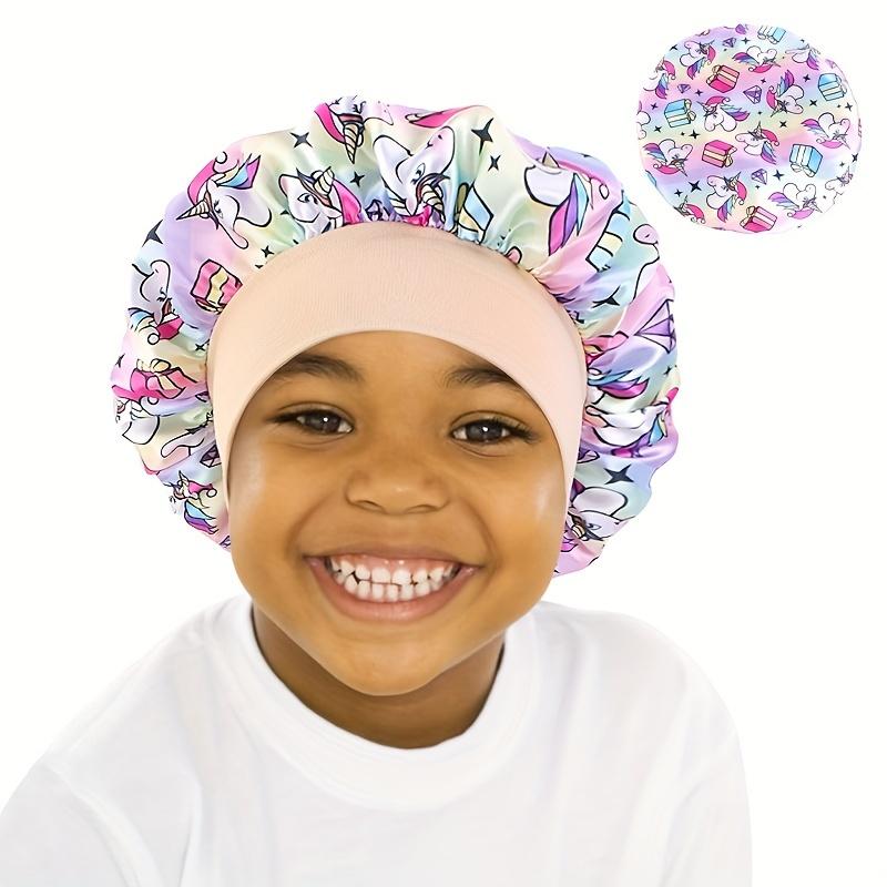 Unicorn Cartoon Printed Satin Sleep Cap for Kids, Soft Silky Bonnet Hair Protection Hat for Toddlers & Babies, Girls' Nightwear Accessory
