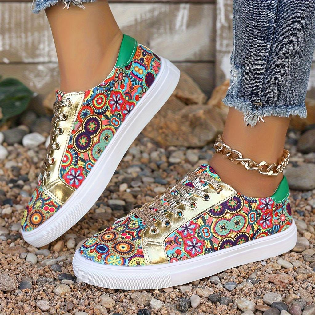 2025 Spring New Arrival Plus Size Women's Flat Casual Shoes Floral Ethnic Style Lace-Up Front Lightweight Shoes
