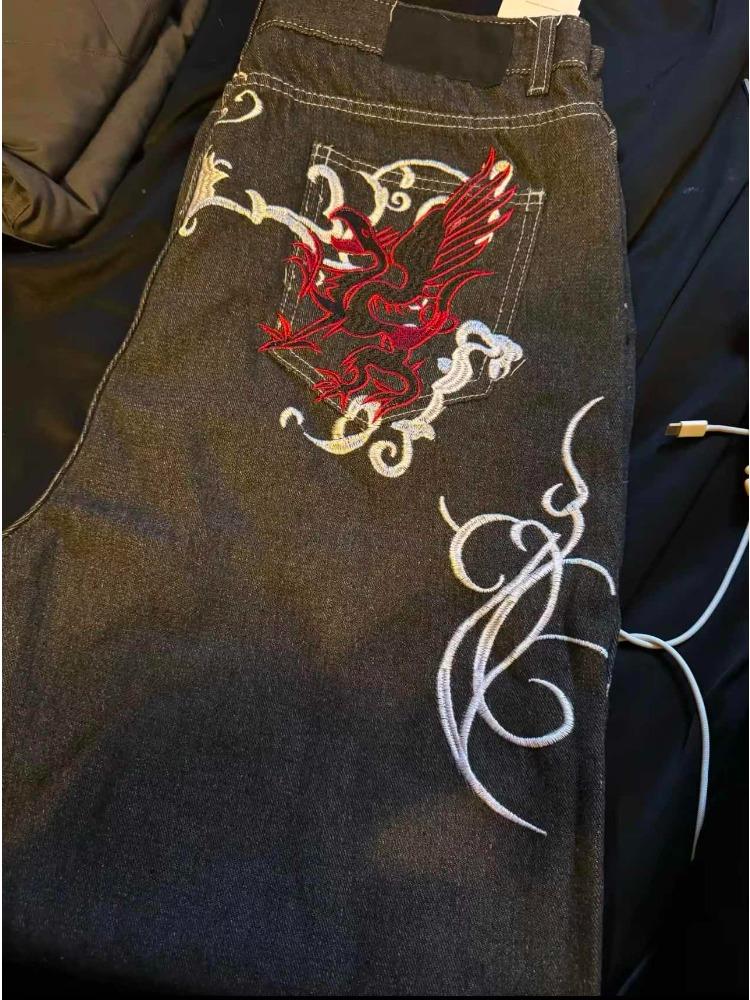 Хип-хоп ретро уличный повседневный Y2k Harajuku модный тренд вышитый узор джинсовые брюки прямые широкие брюки