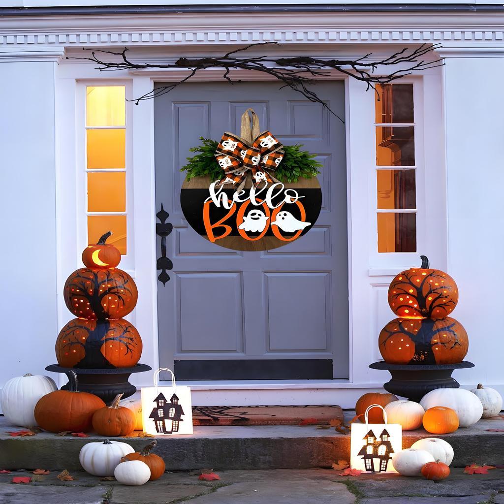 Halloween Door Sign with Cute Ghost Design | Wooden Wreath with Bow for Porch Decor | Farmhouse Style Front Door Welcome Hanger