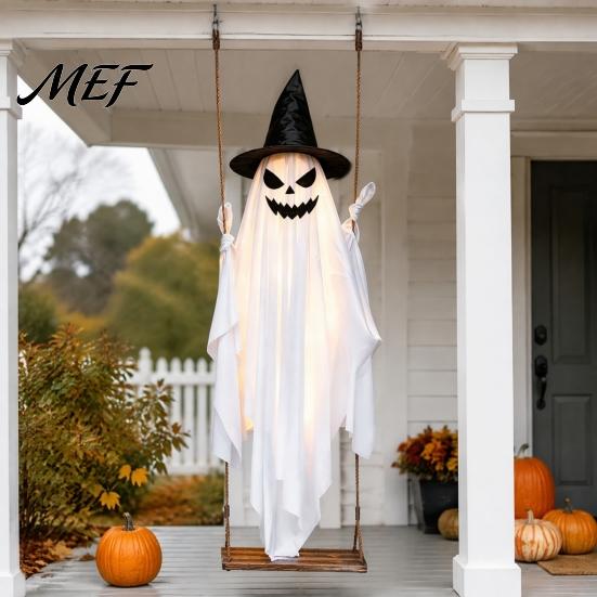 Hanging Wizard Hat Ghost for Porch Halloween Light Up Decoration, Spooky Large on A Outdoor Spirits with Warm Lights Swing Witch Front Yard Tree