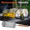 BBQ Basket Heavy-Duty Stainless Steel Grill Basket with Lid Removable Wooden Handle Rolling Grill Basket