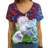 Summer 2023 Novelty Horse Dragonfly Print Short Sleeve T-Shirt, Loose Informal Street Top, Oversized V-Neck, 3D Flower Print Vin
