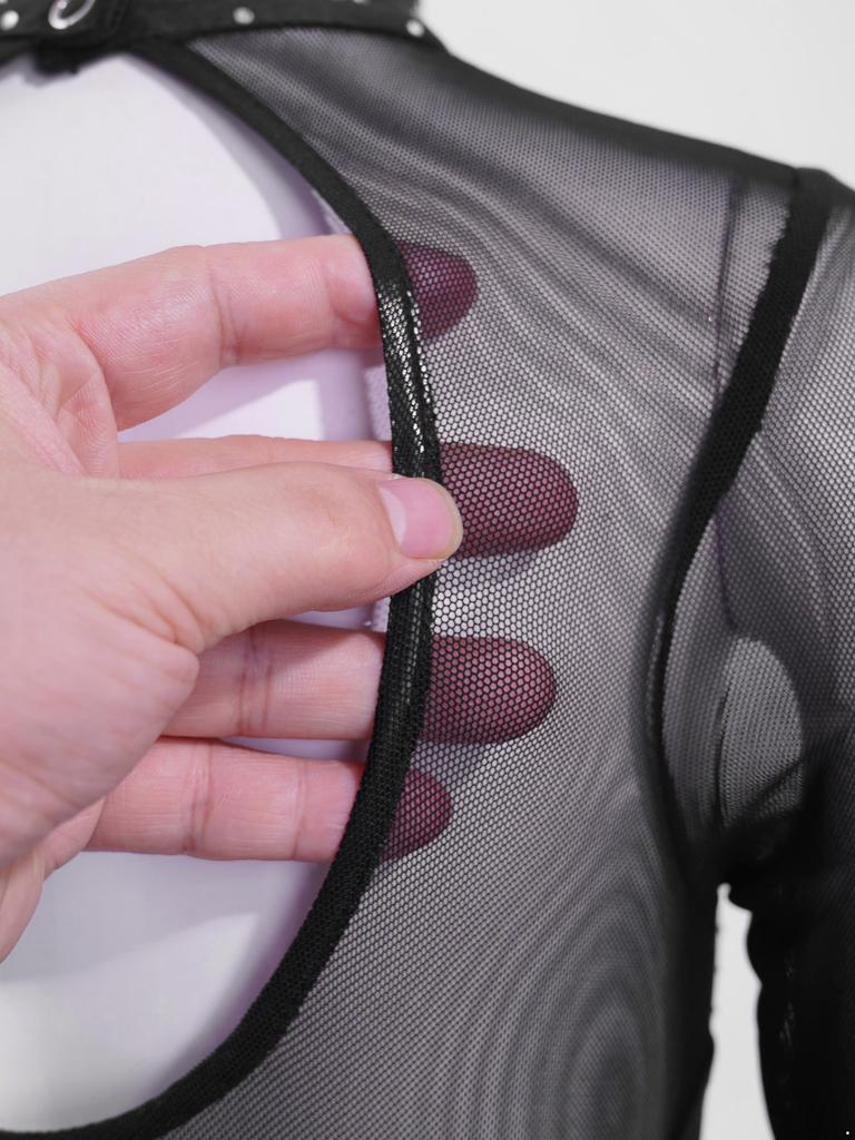 Shiny Rhinestones Dance Leotard for Girls Sheer Mesh Long Sleeves with Keyhole Back Figure Skating Ballet Dress