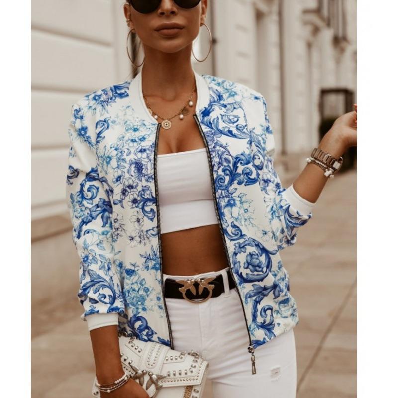 Женская модная короткая куртка с цветочным принтом, повседневная уличная одежда на молнии, облегающая посадка