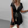 Women's Casual Summer Dresses Trimmed Short Sleeve V-Neck Tie Front Flowy Dress