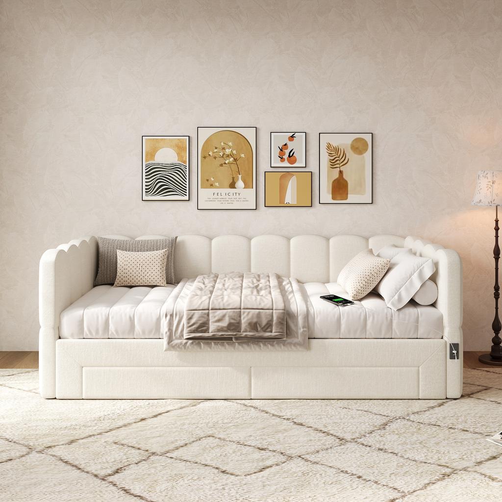 Upholstered Bed, Daybed, Sofa Bed, with 2 Drawers for Storage, Sleeper Sofa, Day Bed 90x190 cm, Extendable to 180 cm, with USB Port, Beige Linen