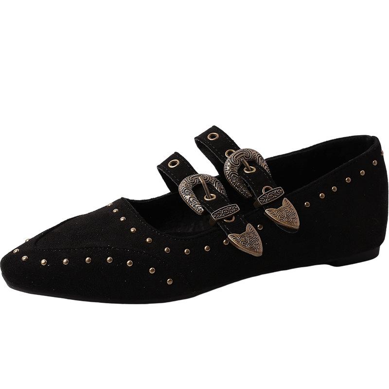 Ретро туфли Мэри Джейн с острым носком и пряжкой на одно слово, осенняя мода, французское чувство дизайна, туфли-клинья с заклепками, женская обувь