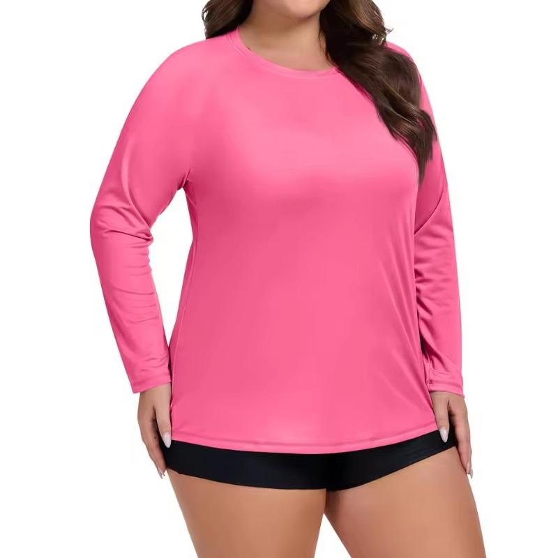 Plus Size Sport Sunscreen Top Women Summer Sunscreen Quick-drying Long-sleeved 3D T-shirt Round Neck Solid Color Breathable Tee