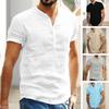 Men Summer Shirt Solid Color Stand Collar Button Short Sleeves Thin Daily Wear Slim Fit V Neck Men Summer Top Men Garment