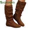 Fashion Flats Women Mid-calf High Boots Fashion Suede Shoes Winter Women 2024 Trend Casual Walking Snow Boots Zipper Pleated Mujer Botas