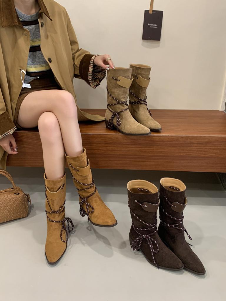 Ретро ботильоны на толстом каблуке из коричневой замши средней высоты, женские, 2025, новые тонкие ботинки, весенне-осенние одинарные ботинки, западные короткие ботинки