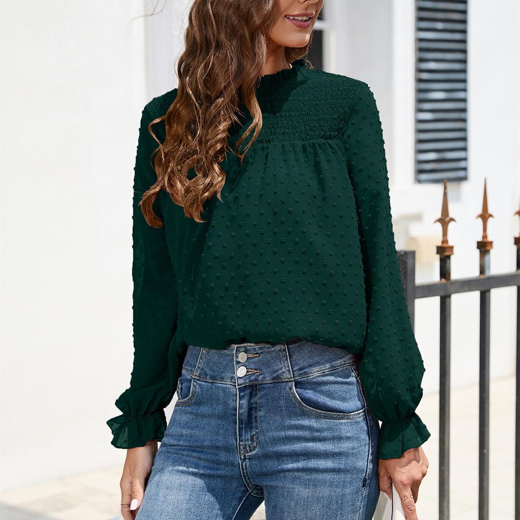 GMXIA Женские модные повседневные осенне-зимние однотонные блузки и рубашки с длинным рукавом и высоким воротом с принтом