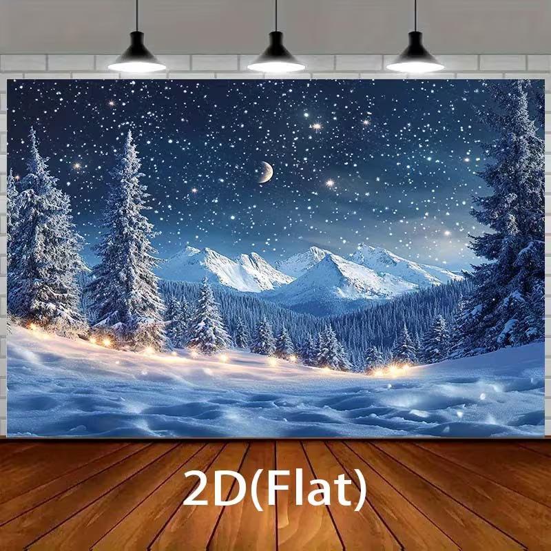 2D Winter Snow Forest Backdrop Starry Night Mountain Christmas Photography Background