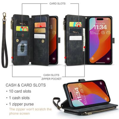 Для iPhone 16 Pro Max iPhone 16 iPhone 16 Plus, Прочный Кожаный (PU) Чехол-Книжка с Магнитной Застежкой, Браслет, Кошелек на Молнии с Держателем для Карт