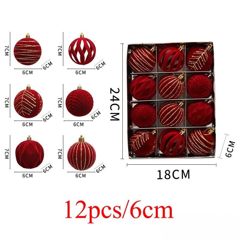 24pcs Wine Red Christmas Ball Ornaments Flocking Christmas Tree Party Decoration New Year Christmas Spheres Pendant Balls