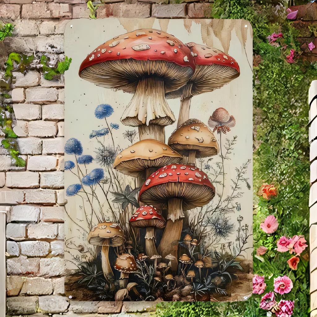 Tin Sign Vintage Mushroom Wall Art Set of Retro Forest Fungi Illustration Poster for Garden Patio Shed Kitchen Bar Rustic Me