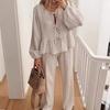 Spring and Autumn Women's Shirt Fashion Casual Lantern Sleeve Tie Tops Pants Suit